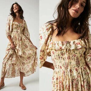 Free People Ethereal Oasis Printed Midi Dress Ivory Bohemian Cottagecore S $168